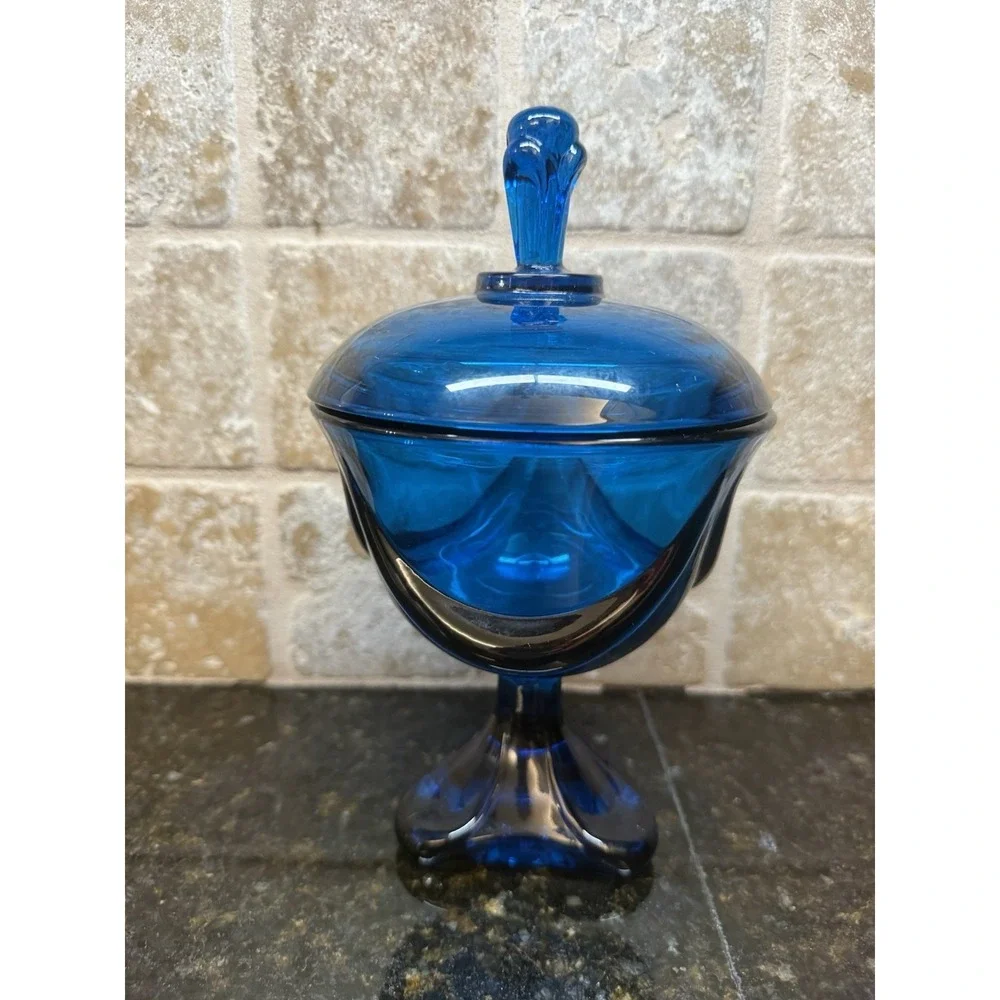 Viking Three Feet Foils BLUENIQUE Blue Covered Lidded Candy‎ Dish Compote